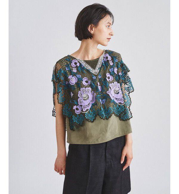  「レースレイヤードトップ」|シャツ・ブラウス|カーキ