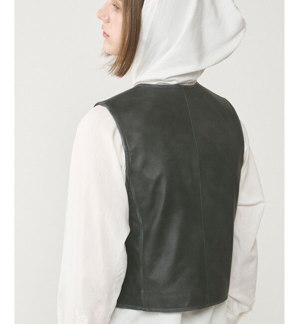  「レザーショートジレジャケット」|ノーカラージャケット|