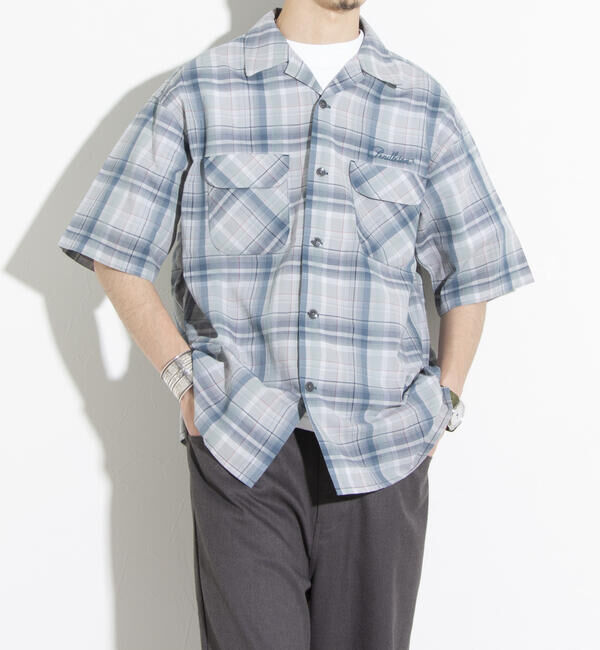 GLOSTER「【PENDLETON/ペンドルトン】オープンカラーシャツ 半袖シャツ 刺繍 ワンポイント チェック」|シャツ・ブラウス|ライトグレー