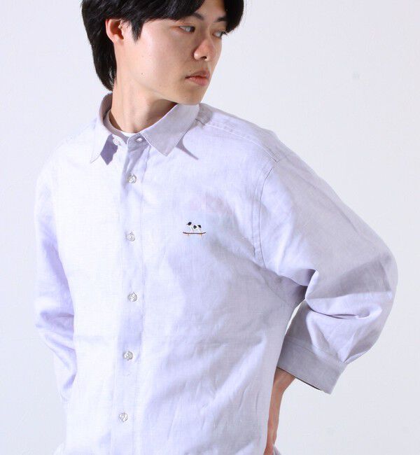 GLOSTER「【GLOSTER/グロスター】フレンチブルドッグ刺繍 リネン 7分袖シャツ」|シャツ・ブラウス|オフホワイト