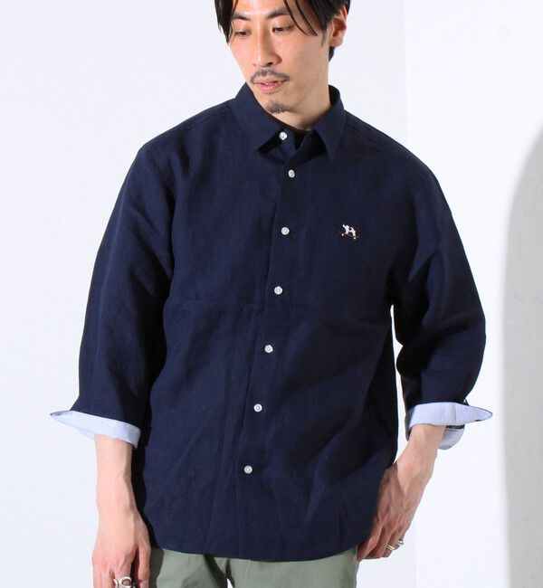 GLOSTER「【GLOSTER/グロスター】フレンチブルドッグ刺繍 リネン 7分袖シャツ」|シャツ・ブラウス|