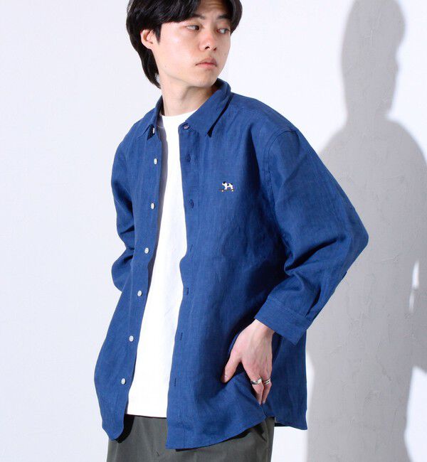 GLOSTER「【GLOSTER/グロスター】フレンチブルドッグ刺繍 リネン 7分袖シャツ」|シャツ・ブラウス|ブルー