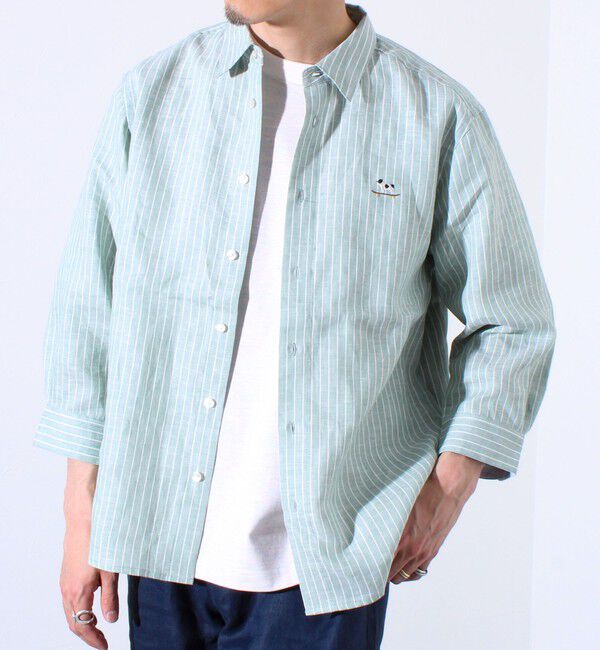 GLOSTER「【GLOSTER/グロスター】フレンチブルドッグ刺繍 リネン 7分袖シャツ」|シャツ・ブラウス|グリーン系その他