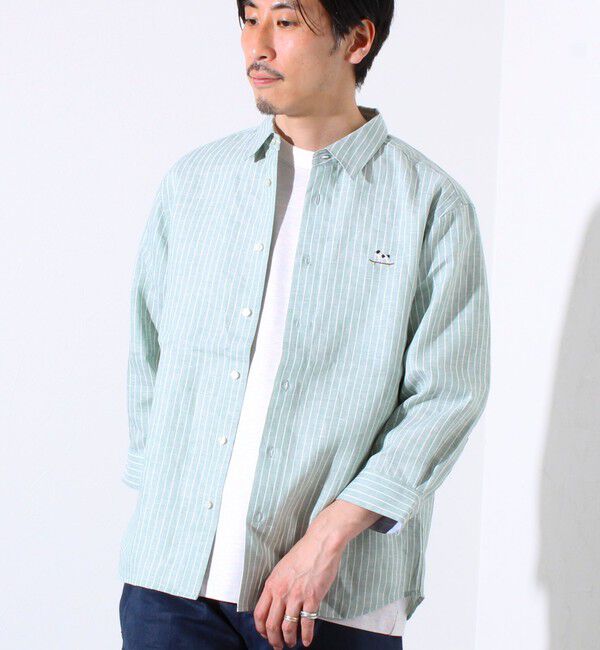 GLOSTER「【GLOSTER/グロスター】フレンチブルドッグ刺繍 リネン 7分袖シャツ」|シャツ・ブラウス|