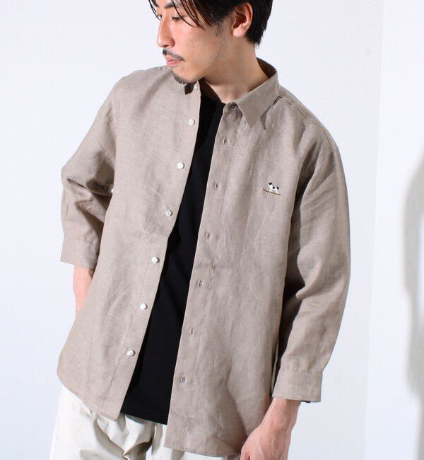 GLOSTER「【GLOSTER/グロスター】フレンチブルドッグ刺繍 リネン 7分袖シャツ」|シャツ・ブラウス|モカ