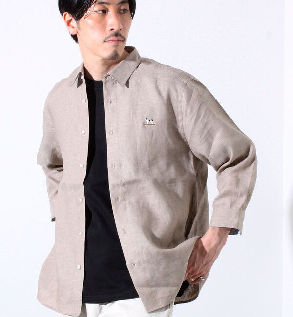 GLOSTER「【GLOSTER/グロスター】フレンチブルドッグ刺繍 リネン 7分袖シャツ」|シャツ・ブラウス|