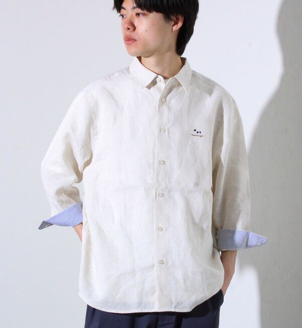 GLOSTER「【GLOSTER/グロスター】フレンチブルドッグ刺繍 リネン 7分袖シャツ」|シャツ・ブラウス|