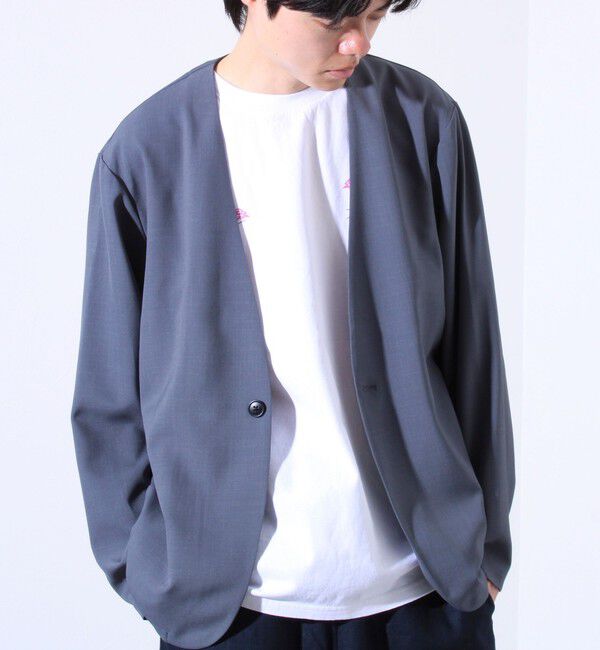 GLOSTER「【セットアップ着用可能】【GLOSTER/グロスター】ノーカラージャケット カーディガンジャケット」|ノーカラージャケット|ブルー