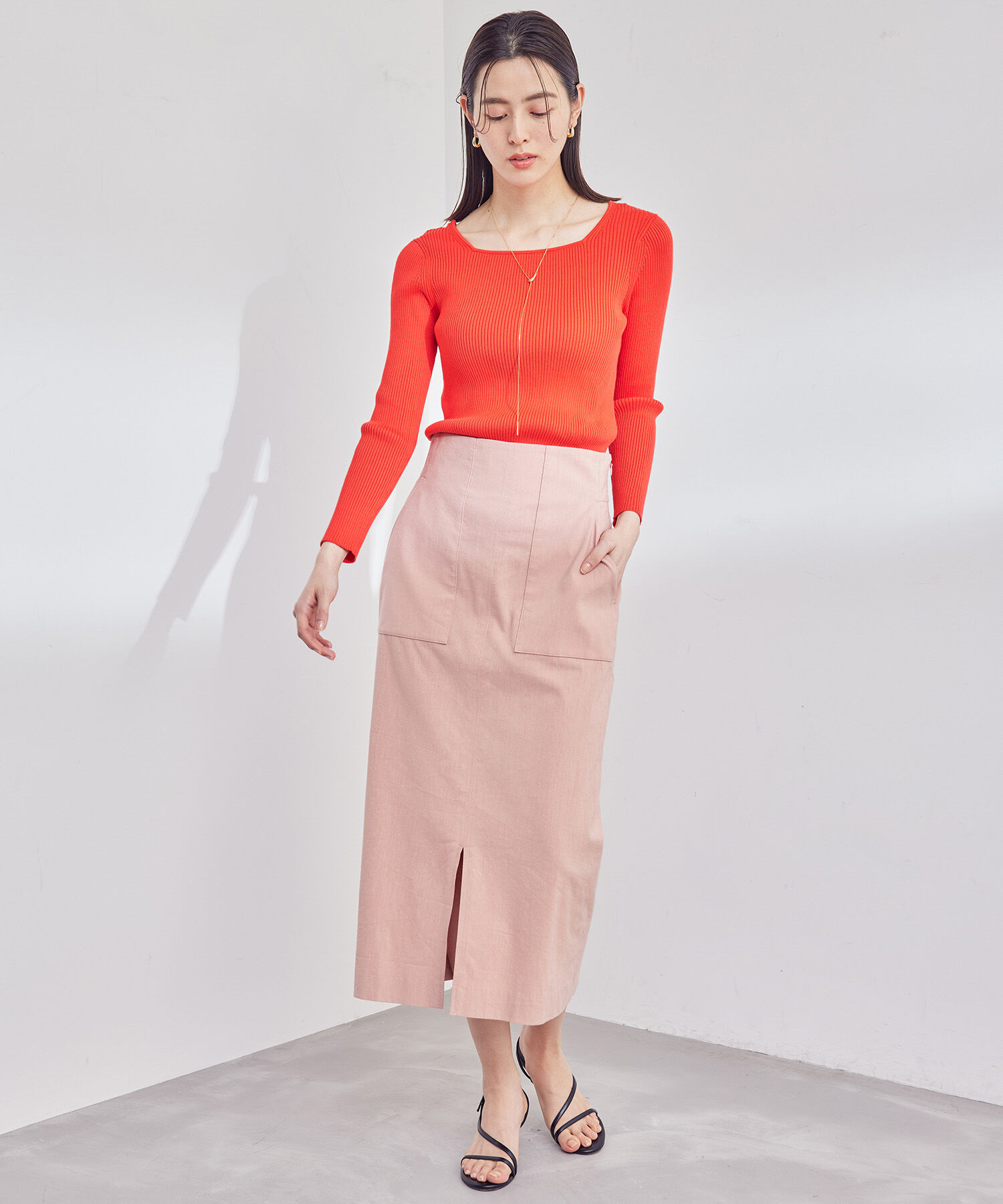 ROPE「【洗える】スクエアネック8分袖コットンリブニット」|Tシャツ・カットソー|