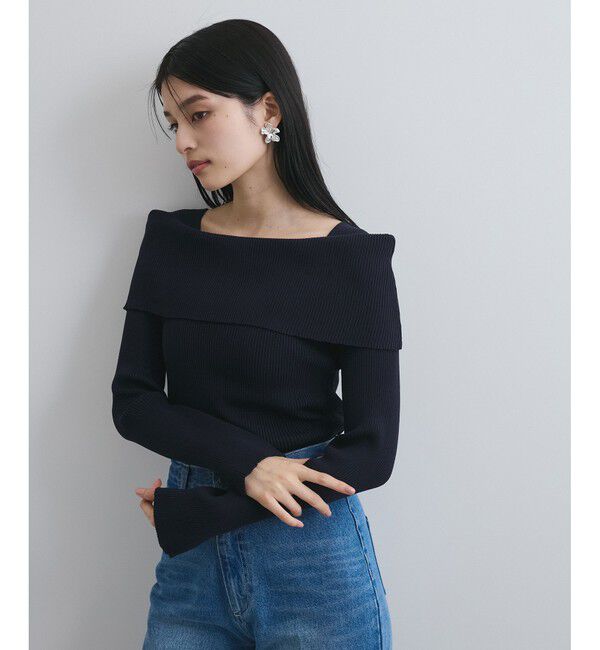 VIS「【アンチピリング】【UVケア】オフショルダー風リブニットプルオーバー」|ニット・セーター|