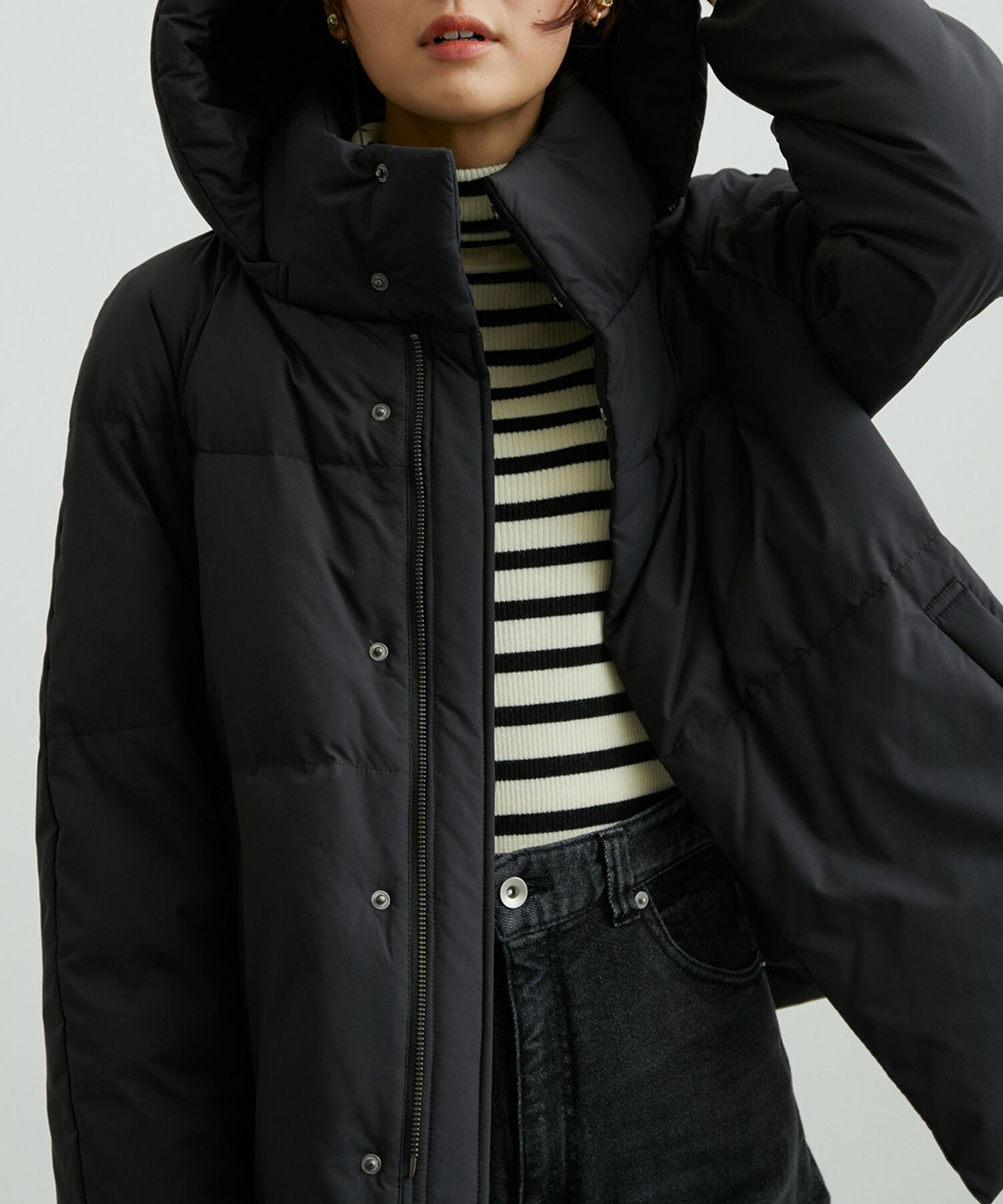 Rope&rsquo;Picnic「GREEN DOWN MINOTECK/フード取り外しショートダウン/リンクコーデ」|ダウン|ブラック(01)