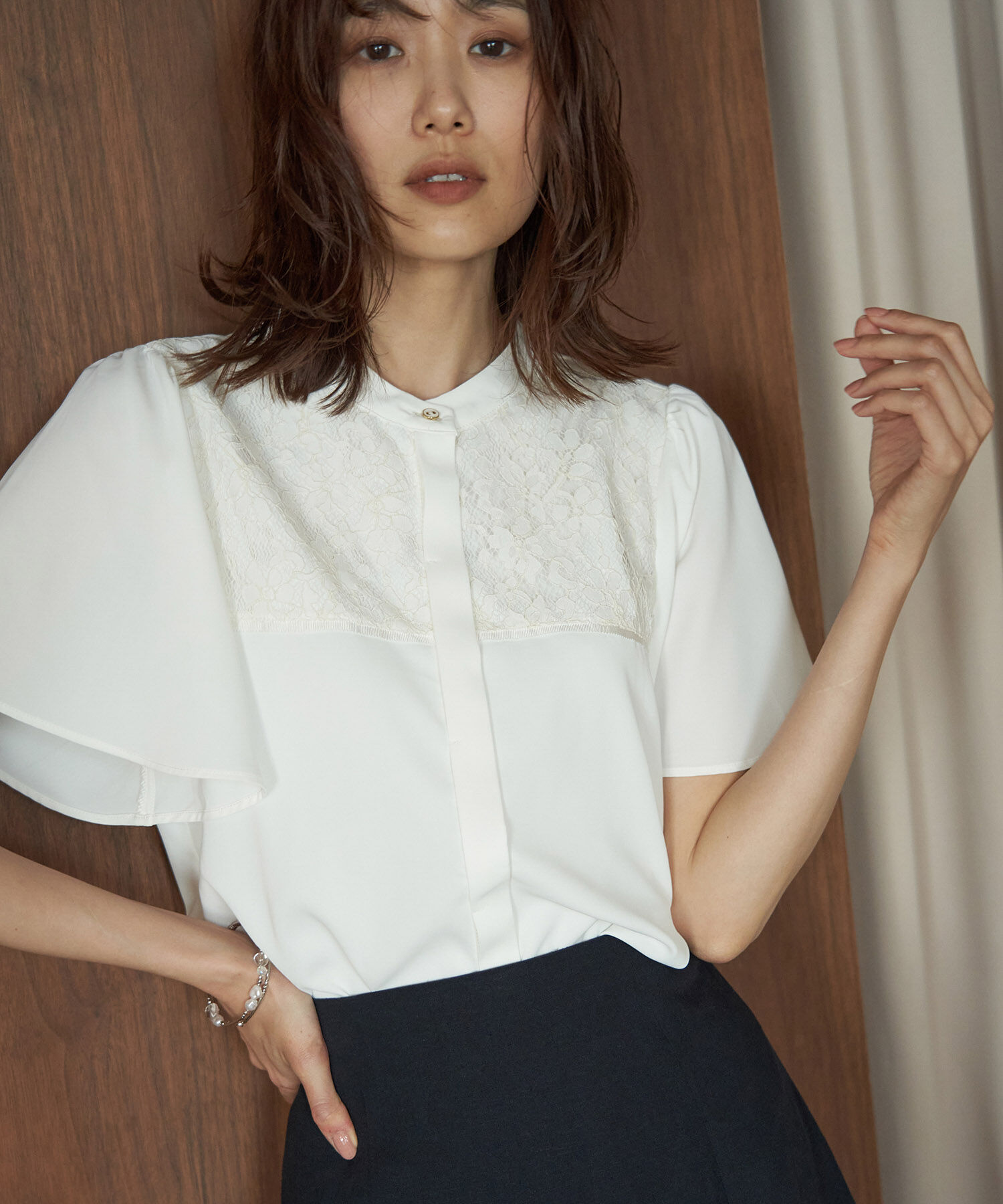Rope&rsquo;Picnic「【emur/エミュール】洗える/レースヨークハーフスリーブブラウス」|シャツ・ブラウス|