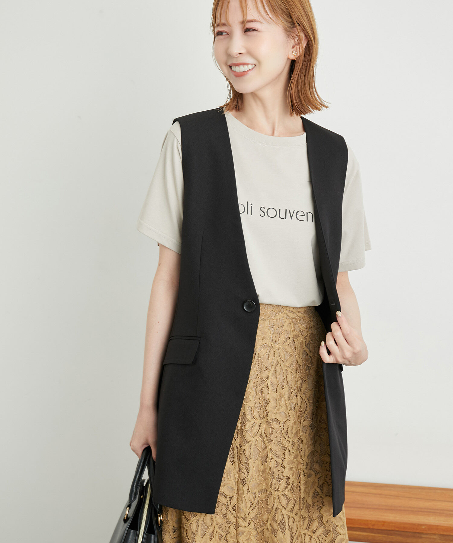 Rope&rsquo;Picnic「ウールライクサキソニーノーカラースリーブレスジャケット」|ベスト・ジレ|ブラック(01)