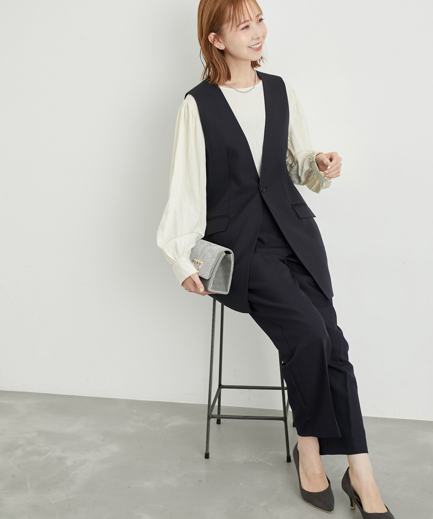 Rope&rsquo;Picnic「ウールライクサキソニーノーカラースリーブレスジャケット」|ベスト・ジレ|