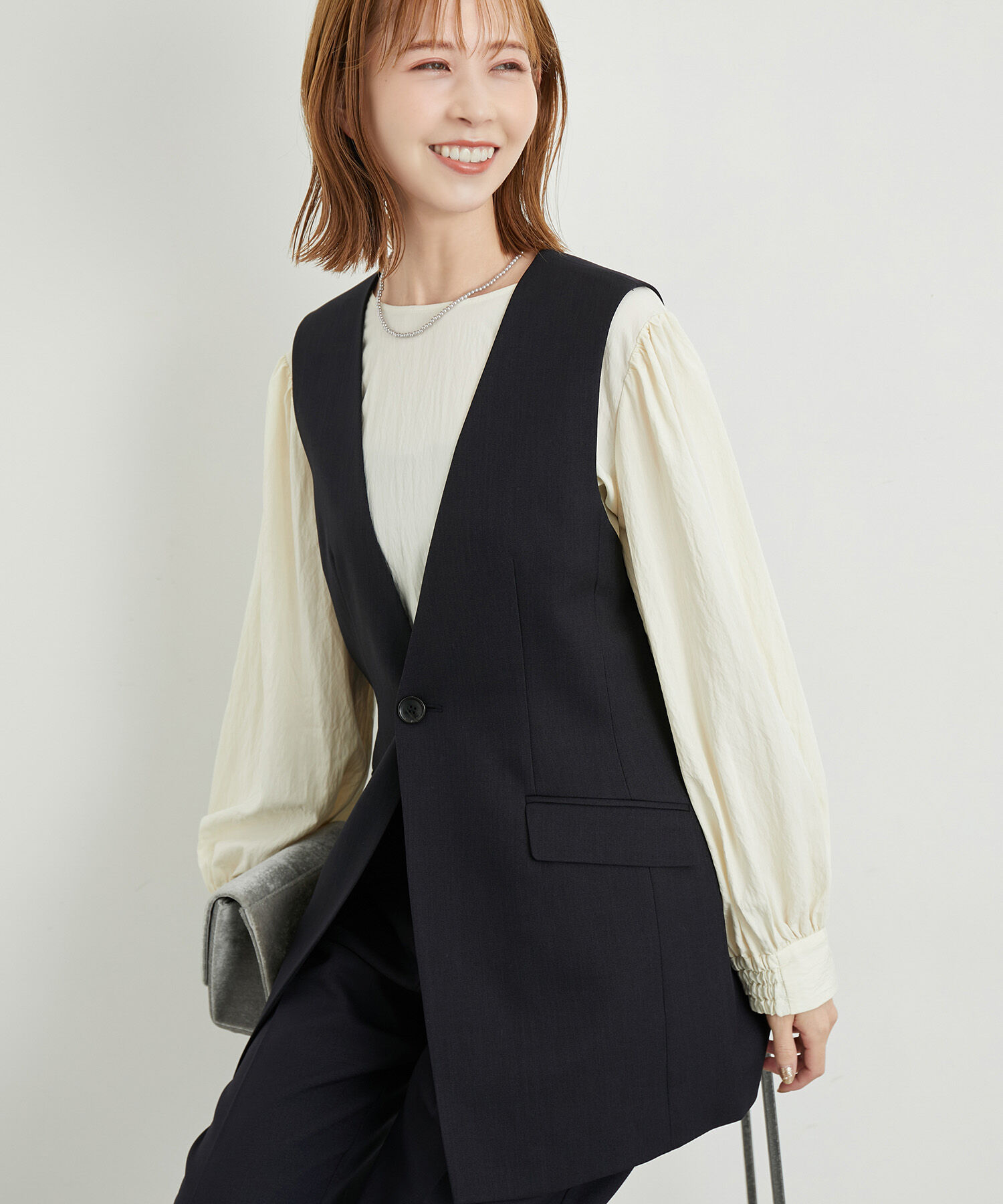 Rope&rsquo;Picnic「ウールライクサキソニーノーカラースリーブレスジャケット」|ベスト・ジレ|