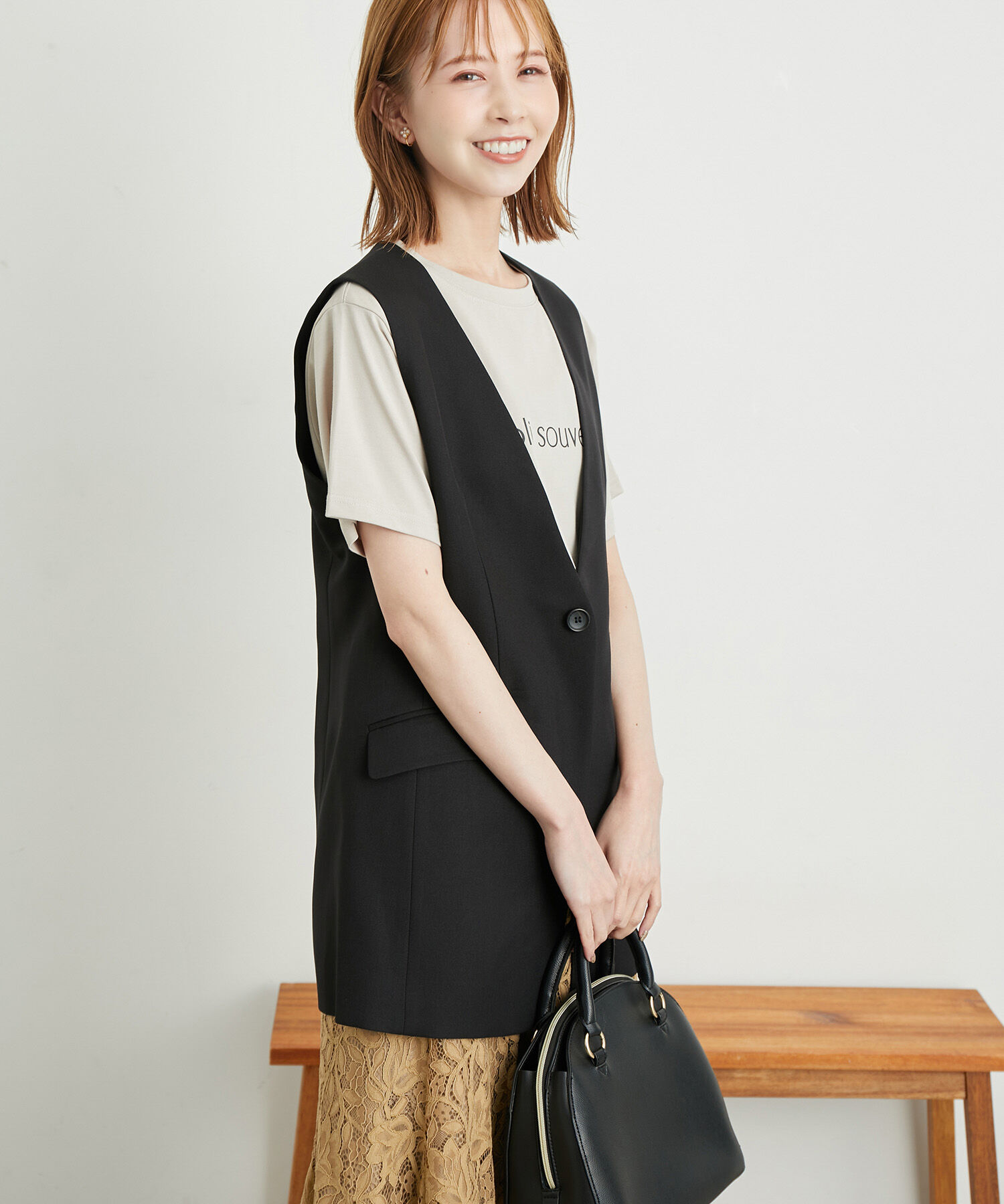 Rope&rsquo;Picnic「ウールライクサキソニーノーカラースリーブレスジャケット」|ベスト・ジレ|