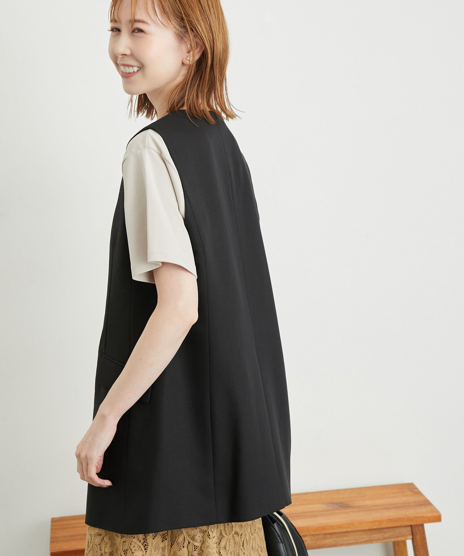 Rope&rsquo;Picnic「ウールライクサキソニーノーカラースリーブレスジャケット」|ベスト・ジレ|