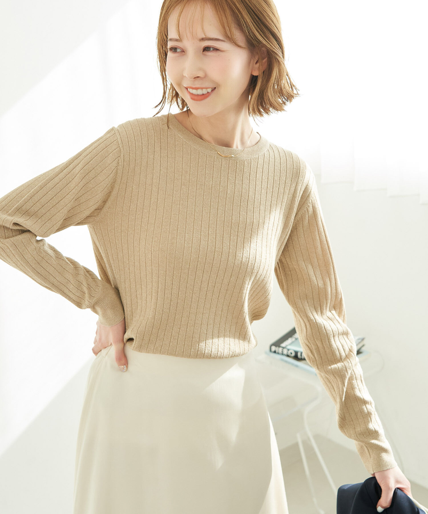 Rope&rsquo;Picnic「ラメワイドリブニットプルオーバー」|ニット・セーター|ベージュ(27)