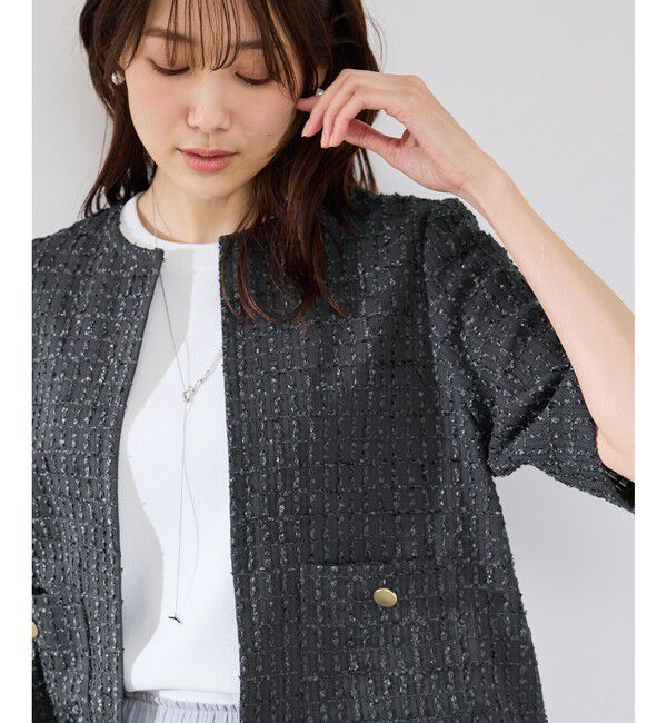 Rope&rsquo;Picnic「【サマー・ツイード】ハーフスリーブジャケット」|カーディガン|チャコール(06)