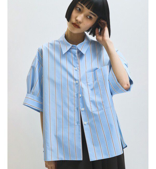 ADAM ET ROPE'「【サステナブル】バウンスカフステントラインシャツ」|シャツ・ブラウス|ブルー系(45)