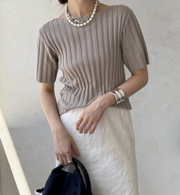  「【WEB限定】ワイドリブハーフスリーブニット」|ニット・セーター|グレージュ