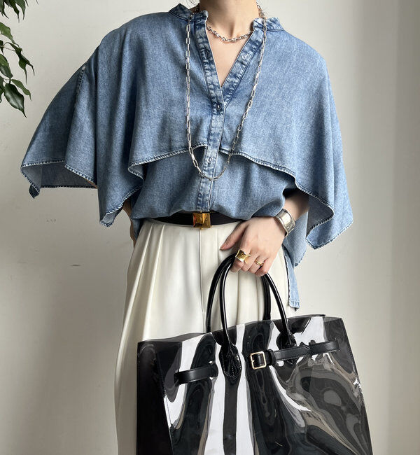  「【WEB限定】コットンレーヨンフリルデニムシャツ」|シャツ・ブラウス|スカイブルー