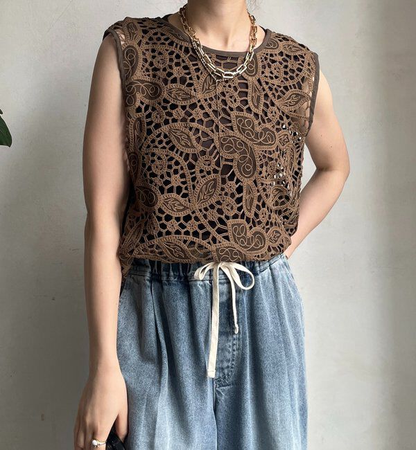  「【WEB限定】 ボタニカルレースノースリブラウス」|シャツ・ブラウス|