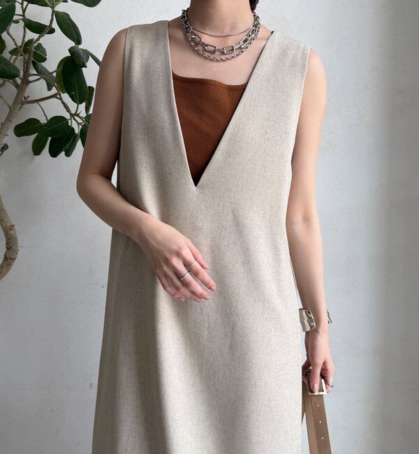  「【WEB限定】リネン混深Vジャンスカ」|ワンピース|