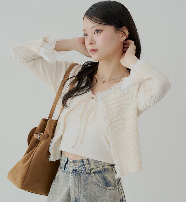  「【7分袖】レースドッキングリブニットカーディガン」|カーディガン|