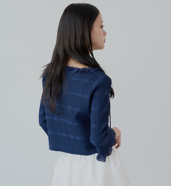  「【7分袖】レースドッキングリブニットカーディガン」|カーディガン|