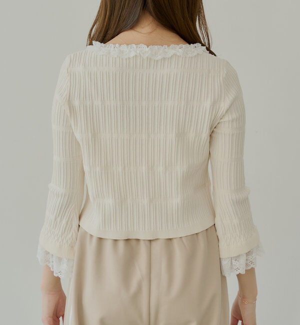  「【7分袖】レースドッキングリブニットカーディガン」|カーディガン|