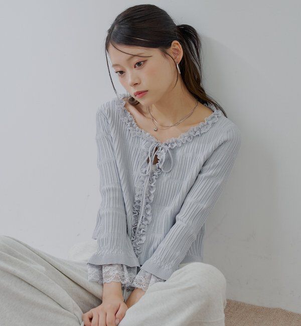  「【7分袖】レースドッキングリブニットカーディガン」|カーディガン|