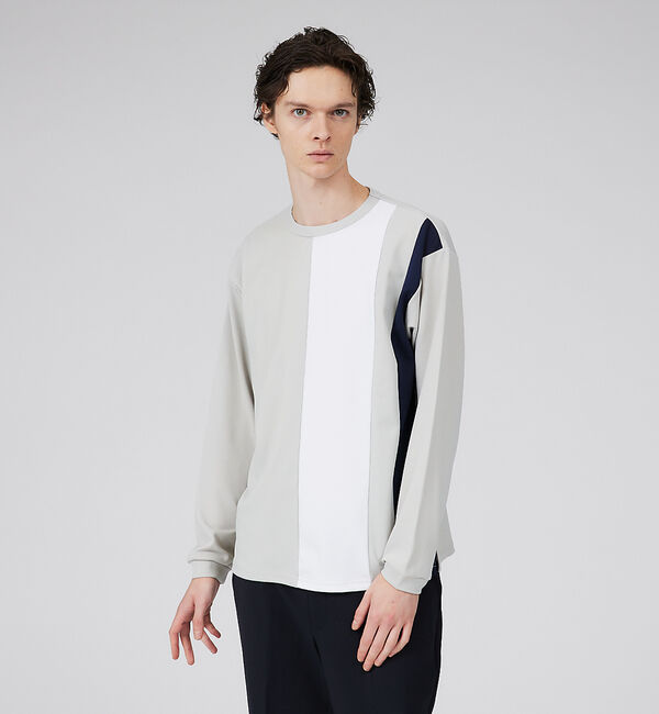 ABAHOUSE「【梨地】ストライプ切替 長袖Tシャツ / スウェット」|Tシャツ・カットソー|グレージュ