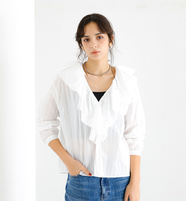 Rouge vif「【Le Melange/ル・メランジュ】ラッフルリネンブラウス / 無地 / ス」|シャツ・ブラウス|