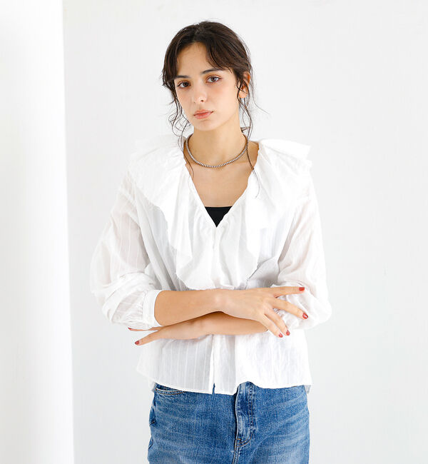 Rouge vif「【Le Melange/ル・メランジュ】ラッフルリネンブラウス / 無地 / ス」|シャツ・ブラウス|