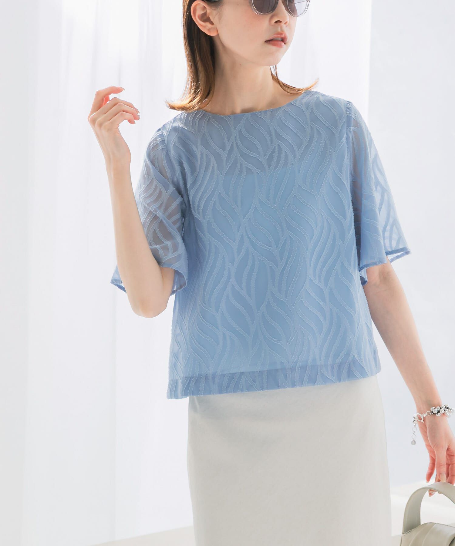 URBAN RESEARCH ROSSO「セミシアーカットジャガードブラウス」|シャツ・ブラウス|ブルー