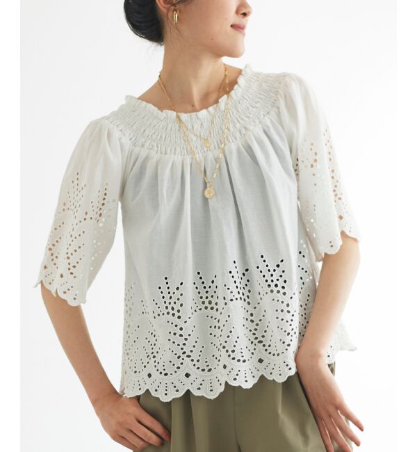 le.coeur blanc「シャーリングネックカットワークブラウス」|シャツ・ブラウス|