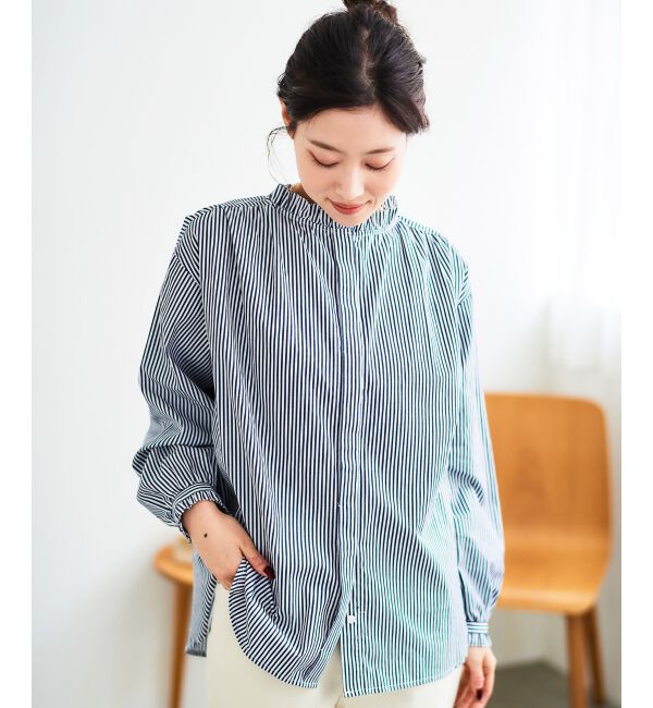  「フリルカラーギャザーブラウス」|シャツ・ブラウス|ブルー柄