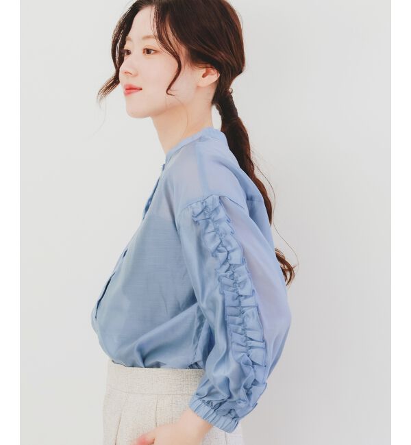 le.coeur blanc「《手洗い可能》ブライトシアーローンフリルスリーブブラウス」|シャツ・ブラウス|サックス