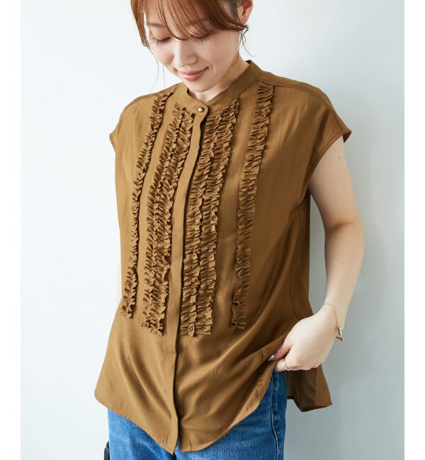  「《手洗い可能》シルキーローンフロントフリルフレンチブラウス」|シャツ・ブラウス|