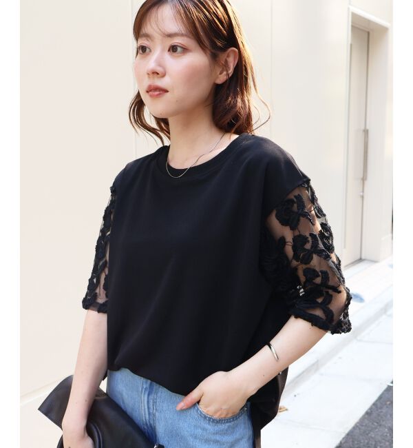  「《手洗い可能》スリーブシアーレースプルオーバー」|Tシャツ・カットソー|ブラック