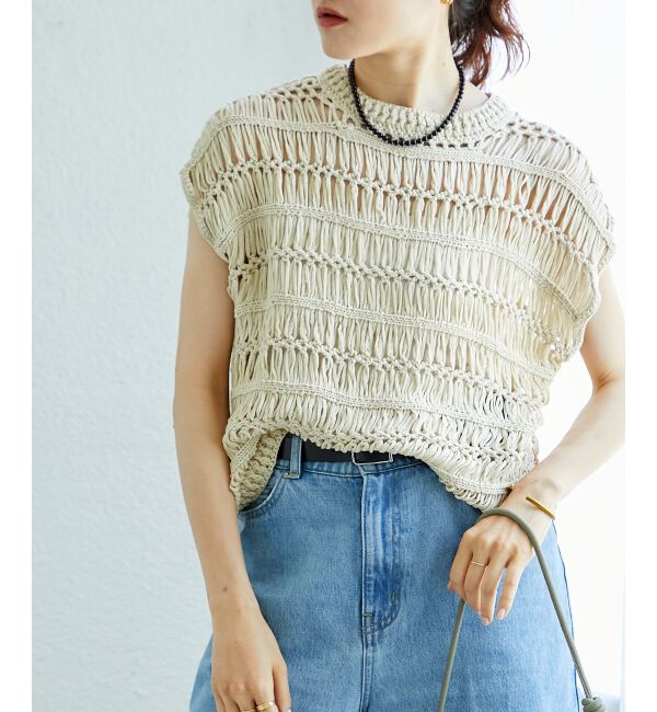  「《手洗い可能》透かし編みデザインニットベスト」|ベスト・ジレ|ベージュ