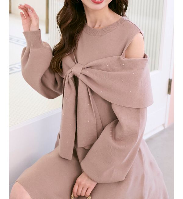  「ビジューリボンニットミニワンピース」|ワンピース|