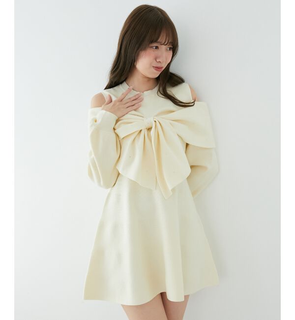  「ビジューリボンニットミニワンピース」|ワンピース|