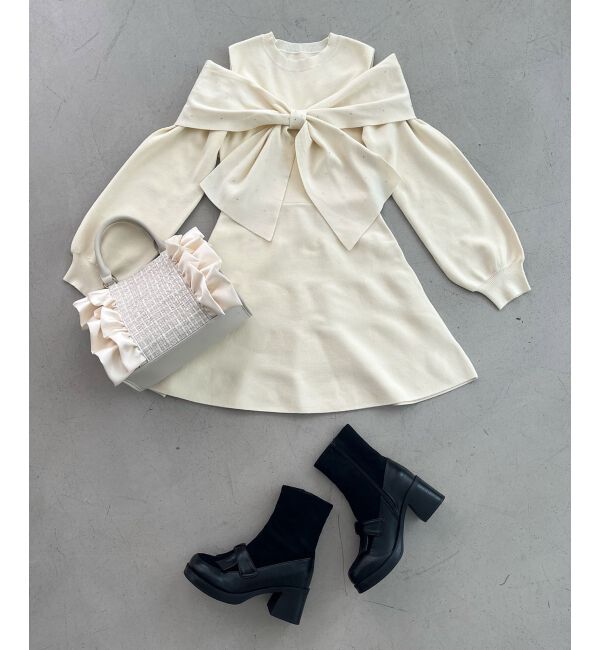  「ビジューリボンニットミニワンピース」|ワンピース|