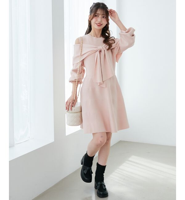  「ビジューリボンニットミニワンピース」|ワンピース|