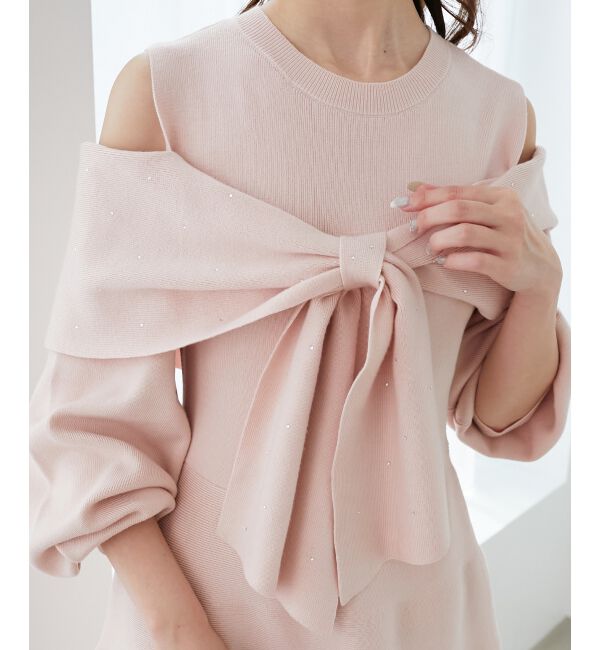  「ビジューリボンニットミニワンピース」|ワンピース|