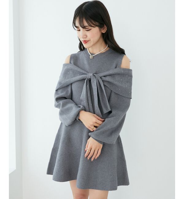 「ビジューリボンニットミニワンピース」|ワンピース|