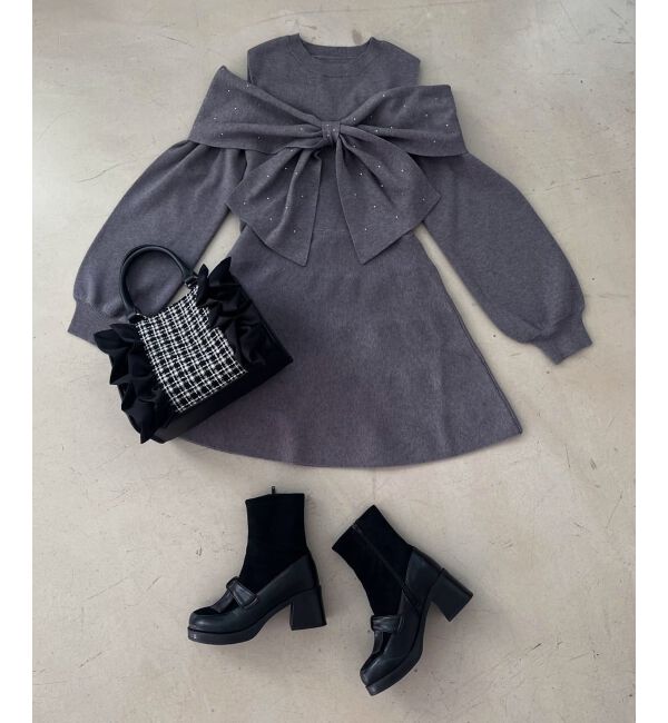  「ビジューリボンニットミニワンピース」|ワンピース|