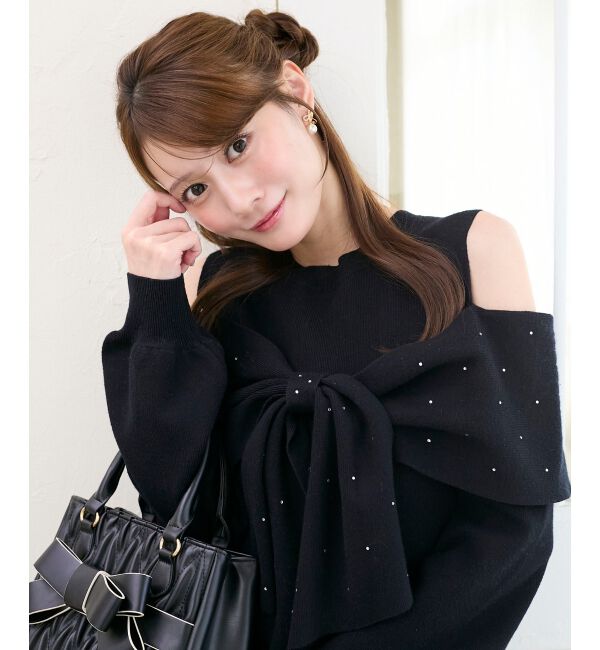  「ビジューリボンニットミニワンピース」|ワンピース|